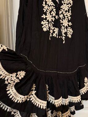 Embroidered Black Midi Dress with Cream Floral Detail